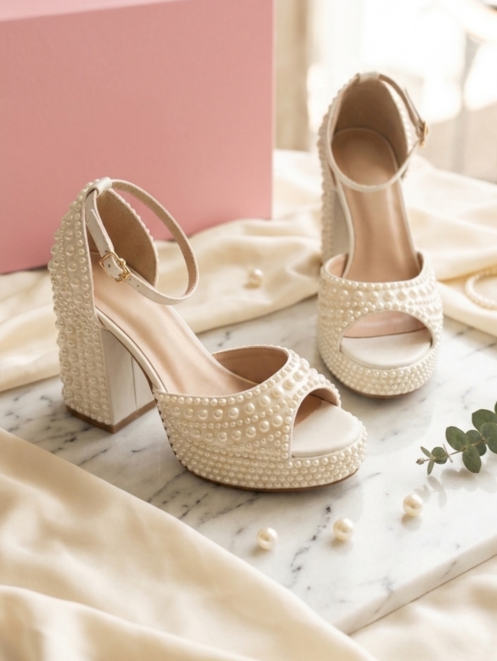 Pearl-Embellished Cream Platform Block Heel Sandals